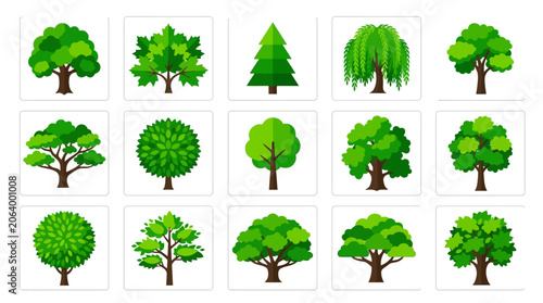 Photos Collection of various green tree illustrations in squares on a white background with a flat lay composition