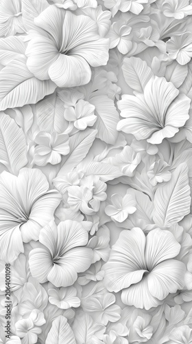 White floral embossed pattern, elegant tropical flower and leaf relief sculpture background texture