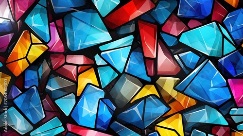 Abstract hand sketched vector mosaic pattern with colorful geometric tiles and black strokes