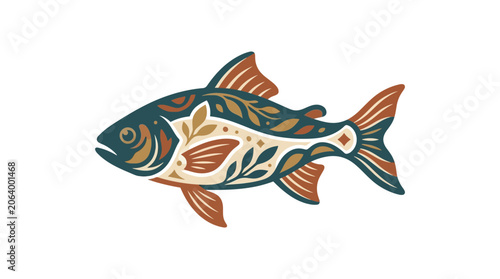 Decorative folk art fish with floral patterned scales.