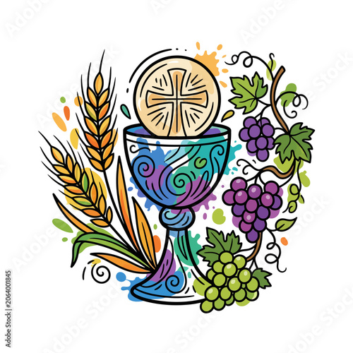 A colorful illustration of a holy communion chalice and bread