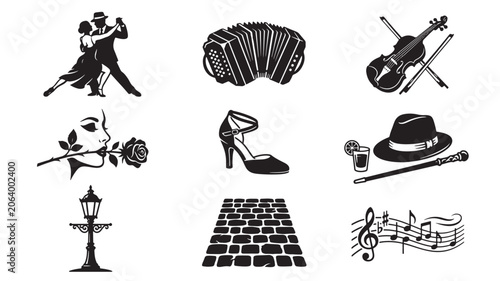 Canvastavla Argentina Independence Day Icon Set with Accordion, Guitar, Shoes, Rose, Trumpet