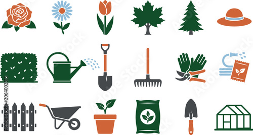 Gardening Tools and Botanical Plant Care Collection with Flowers, Outdoor Garden Equipment, Greenhouse Supplies and Organic Landscaping Vector Set