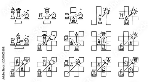 Hand-drawn Chess Game Strategy Icons Set: Tactics, Attack, Defense, Move, Victory