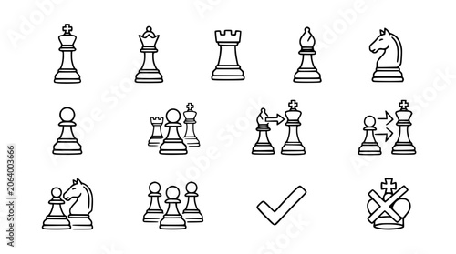 Tableau sur toile Chess Pieces Icon Set: King, Queen, Rook, Bishop, Knight, Pawn, Checkmate, Strat
