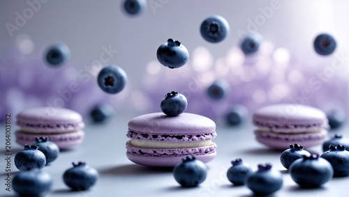 Purple macarons with blueberry toppings arranged artistically on a light surface, surrounded by scattered blueberries and a soft blurred background