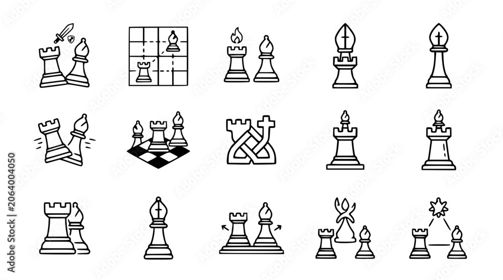 Obraz premium Chess Game Icons Set: Rook, Bishop, Strategy, Board, Tactics, Silhouette, Vector