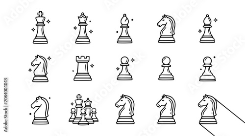 Tableau sur toile Chess Pieces Set - King, Queen, Rook, Knight, Bishop, Pawn Icons | Line Art