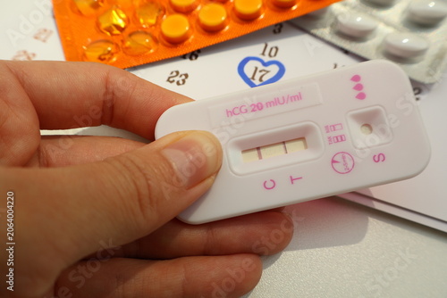 Birth control pills for women and pregnancy test, conception date on the calendar, due date, ovulation day, fetus, pregnancy, birth control and fertility increase.
