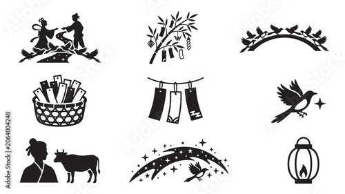 Tableau sur toile Tanabata Festival Icon Set on White Background with Paper Lanterns, Wishing Star