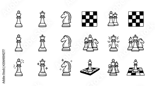 Schilderij op canvas Hand-Drawn Chess Icons: Kings, Queens, Knights, Boards, and Checkered Squares