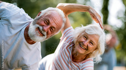An elderly couple is doing morning exercises in the park.