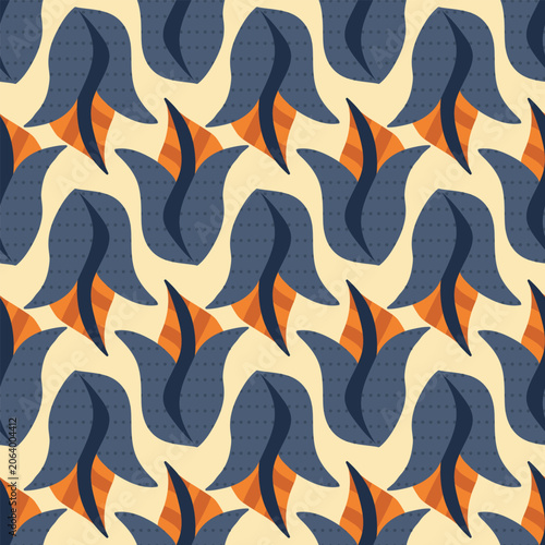 Vector seamless pattern with stylized tulip blossoms or flame shapes in mid-century modern style. Geometric repeating ornament in navy blue, orange, and cream colors for fabric, wallpaper, packaging.