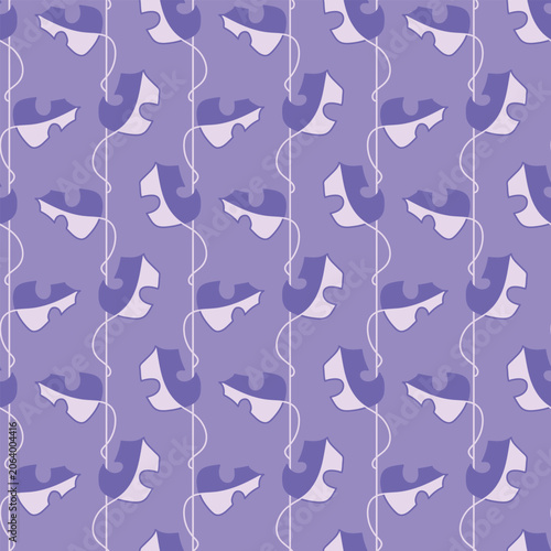 Modern seamless vector pattern with abstract purple monstera leaves and white geometric lines. Minimalist botanical ornament on a lavender background for trendy textile, apparel, wallpaper