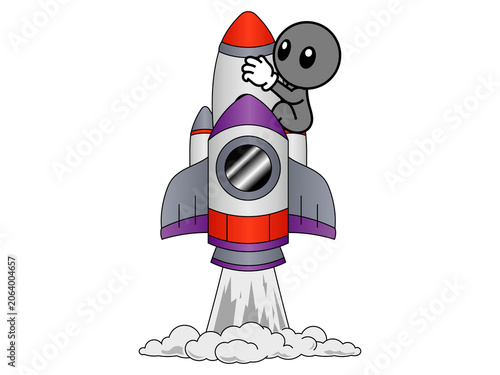 Drawing of human that riding a rocket flying up