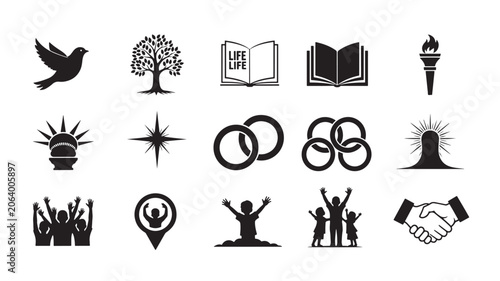 Vászonkép Silhouette Icon Set with Bird Tree Book Life Ring Flower and Handshake Designs f