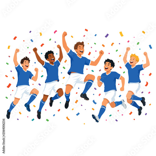 Football players celebrating victory with joyful jubilation and confetti in a Hero image football victory celebration
