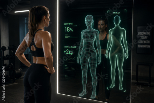 Woman Viewing Digital Body Scan Interface for Personalized Fitness Analysis with Copy Space