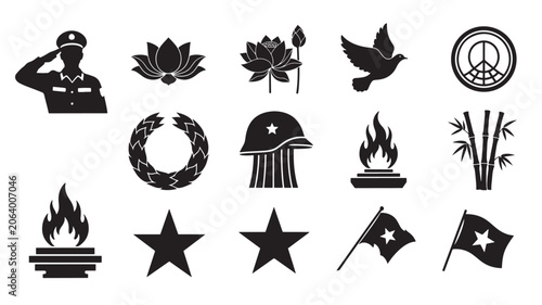 Foto Vietnamese Commemorative Icons Set with Soldier Silhouette, Lotus, Dove, Torch F