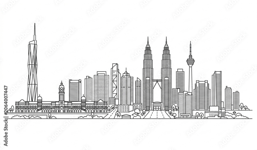 Fototapeta premium Kuala Lumpur Malaysia Skyline Panorama Outline Vector Illustration with Famous Landmarks