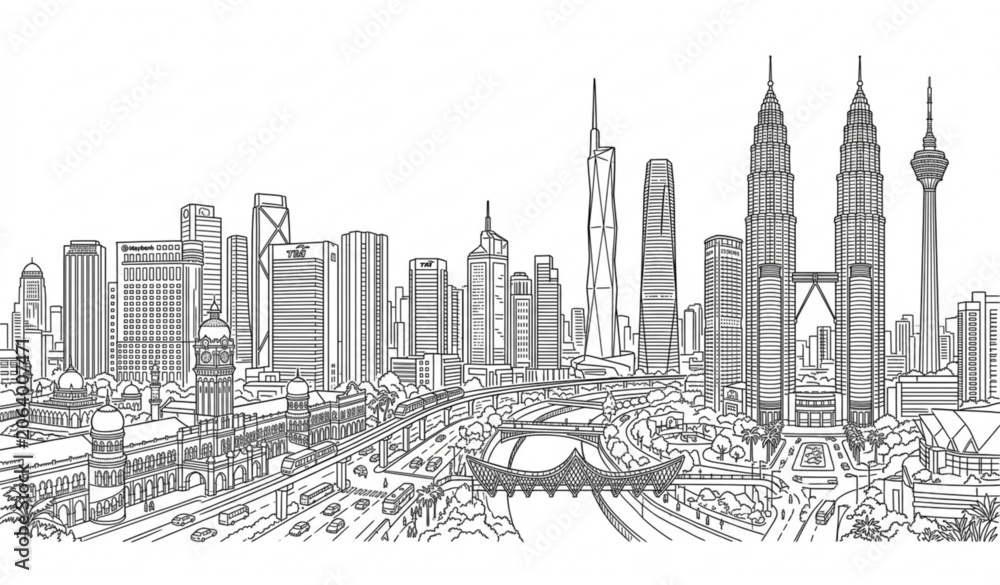 Naklejka premium Kuala Lumpur City Skyline Black and White Outline Banner Vector Design