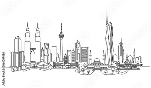 Obraz na płótnie Kuala Lumpur Malaysia Landmark Skyline Panorama Continuous Line Vector Illustrat