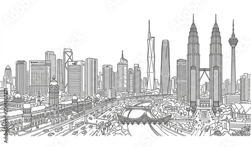 Принти на полотні Kuala Lumpur City Skyline Black and White Outline Banner Vector Design