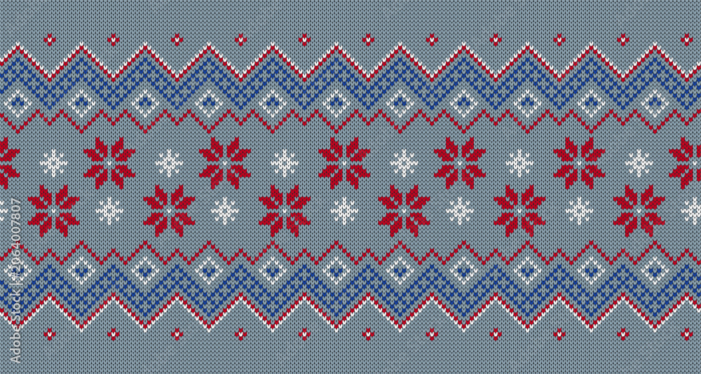 Fototapeta premium Christmas seamless texture. Blue geometric background with snowflakes. Traditional knitted sweater pattern. Xmas winter knit seamless print. Holiday wool pullover ornament. Festive crochet. Vector ill
