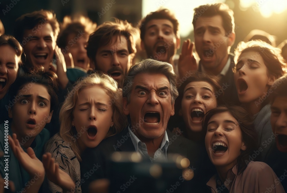 Fototapeta premium Angry Crowd of People Screaming with Intense Emotions