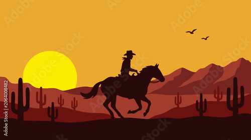 Tableau sur toile Silhouette of Cowboy Riding Horse in Desert at Sunset with Cacti and Mountains