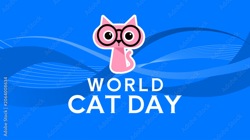 Fototapeta premium World cat day, pink kitten with glasses on blue background - banner, poster, vector illustration