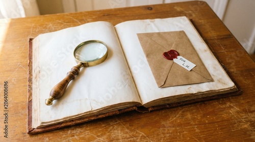 Open antique book with magnifying glass and sealed envelope photo