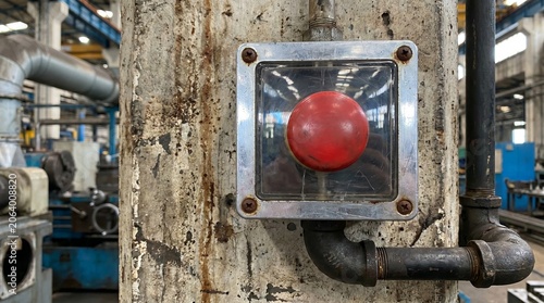 Red Push Button In Metal Housing Industrial Factory Setting