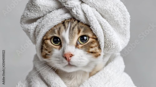cat with towel on head,spa salon, cosmetology, rest and relaxation