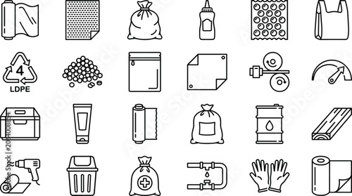Packaging Materials and Industrial Supply Icon Collection with Plastic Products, Recycling Symbols, Storage Containers and Manufacturing Equipment Outline Vector Set