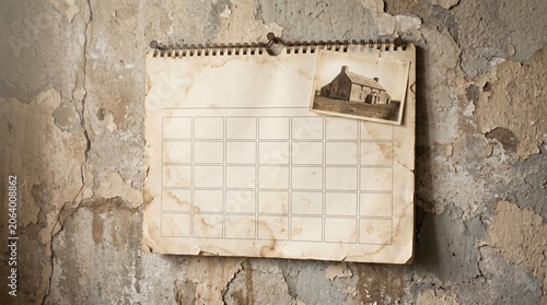 Vintage wall calendar with blank pages and sepia toned photograph