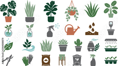 Indoor Plant Care and Gardening Icon Collection with Houseplants, Watering Equipment, Botanical Maintenance Tools and Home Garden Essentials Vector Set