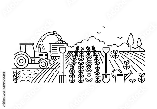 Black and white line art illustration of farming, featuring a tractor, crop field, shovel, rake, and sprinkler.
