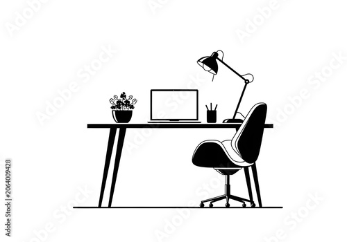 A minimalist work desk containing a laptop, study lamp, plant pot, pencil case, and an office chair.