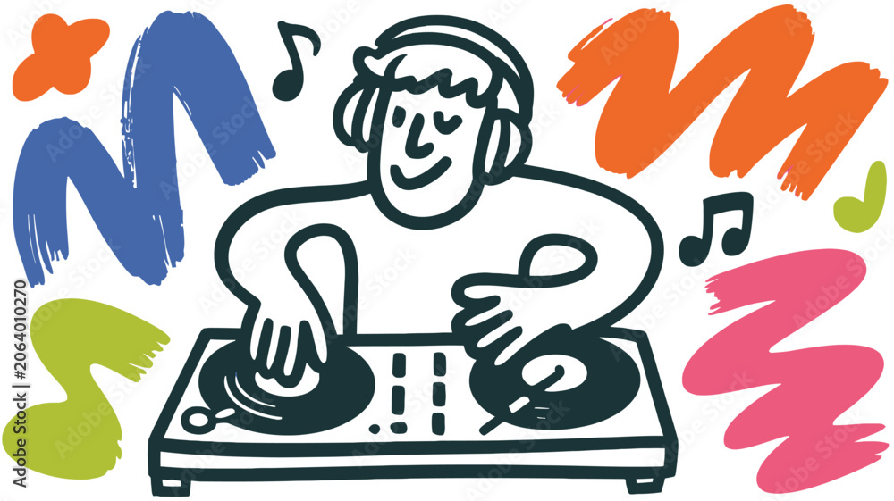 Fototapeta premium DJ, music, vector illustration, turntable, headphones, colorful, fun, party, nightclub, dance