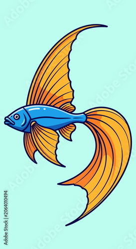 Stylized Blue Fish with Flowing Orange Fins on Light Blue Background