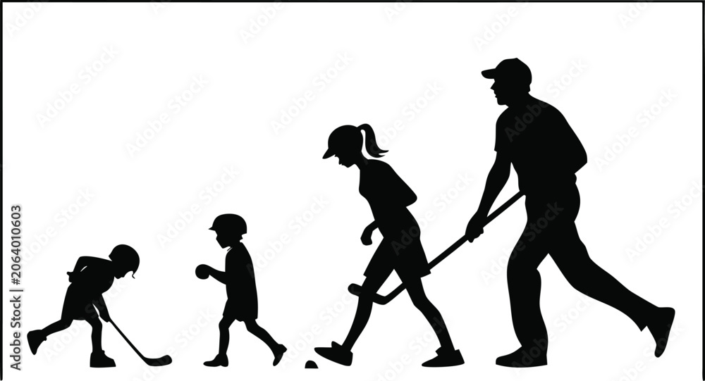 Fototapeta premium Family walking with trees silhouette against a white background