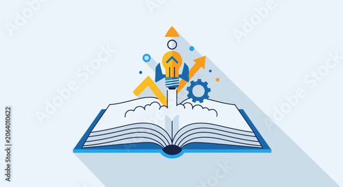 Open Book with Rocket Launching Idea, Innovation, and Growth Concept