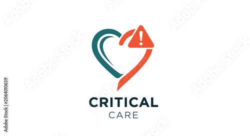 Heart symbol with warning sign and text CRITICAL CARE, medical emergency concept