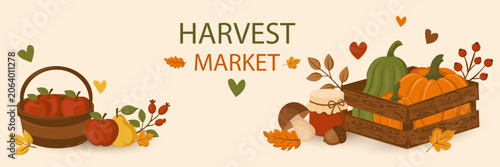 Harvest Market Autumn Banner with Pumpkins Apples and Seasonal Produce