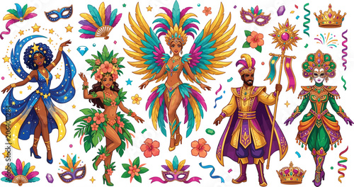 Photography Brazilian Carnival samba dancer character set with golden feather wings royal k