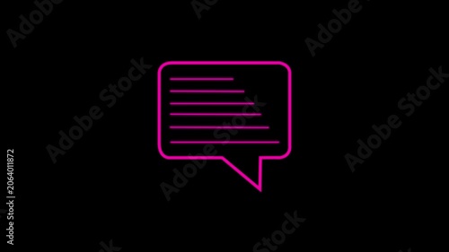 Glowing Pink Neon Speech Bubble Icon With Text Lines for Online Chat And Communication Concept on Black Background.