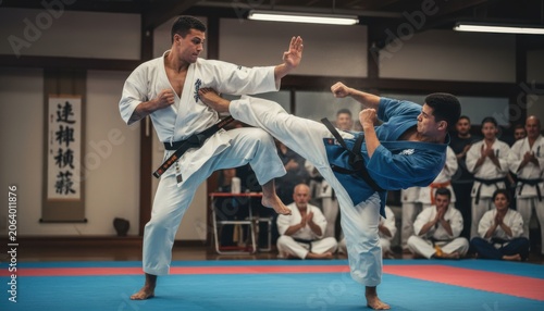 Karate kumite match with black belt fighters delivering powerful kicks and strikes in dojo competition