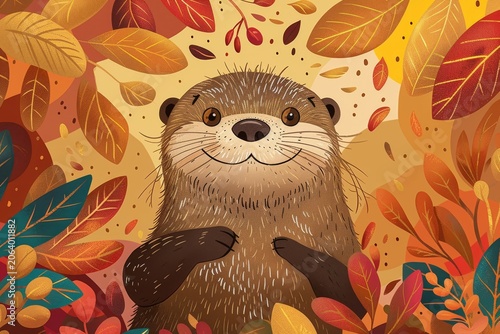 Cute otter surrounded by colorful autumn leaves in whimsical illustration