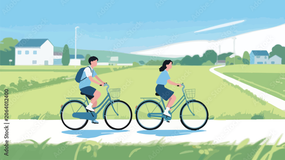 Fototapeta premium People Riding Bicycles on a Country Road Vector Illustration